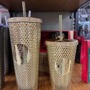 ✨NEW✨Starbucks 2022 Winter Holiday Gold Metallic‎ Chrome Bling Studded Tumbler
